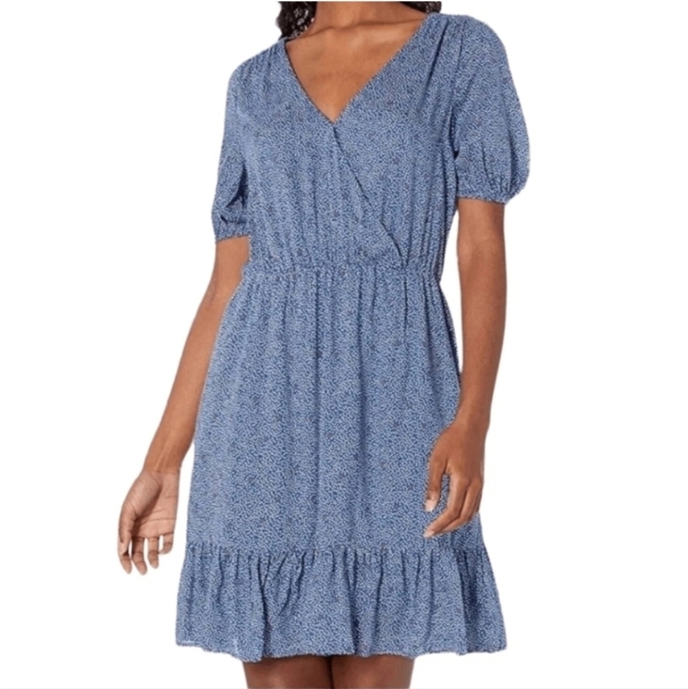 Lucky Brand Ruffled Surplice Blue Polka Dot Dress Cute Casual Comfy Modal XL